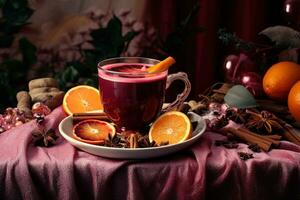 Noël Réchauffé rouge du vin avec épices et des fruits. traditionnel chaud boisson à Noël temps. de fête ambiance génératif ai photo