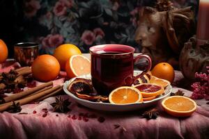 Noël Réchauffé rouge du vin avec épices et des fruits. traditionnel chaud boisson à Noël temps. de fête ambiance génératif ai photo