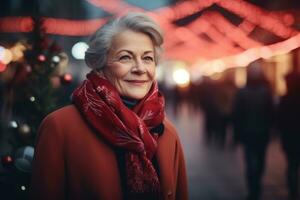 un adulte femme avec une rouge écharpe des promenades autour le Noël ville. généré par ai photo