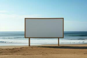 moquer en haut blanc Extérieur La publicité affiche sur le plage. ai généré photo