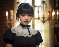 mignonne asiatique Jeune fille habillé dans lolita Femme de ménage robe ai génératif photo