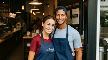 homme et femme supporter dans tabliers dans de face de porte photo