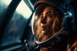 une magnifique femme dans une espace costume à la recherche en dehors à le vaisseau spatial fenêtre ai génératif photo
