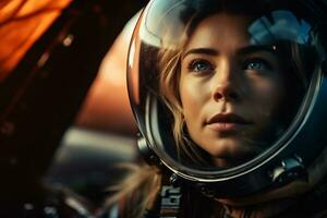 une magnifique femme dans une espace costume à la recherche en dehors à le vaisseau spatial fenêtre ai génératif photo