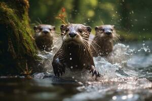 groupe de espiègle loutres nager dans le rivière ai génératif photo