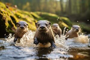 groupe de espiègle loutres nager dans le rivière ai génératif photo