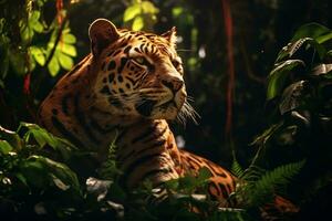 majestueux léopard repos en dessous de jungle arbre ai génératif photo