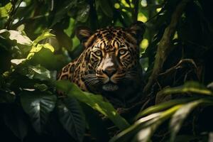 majestueux léopard repos en dessous de jungle arbre ai génératif photo