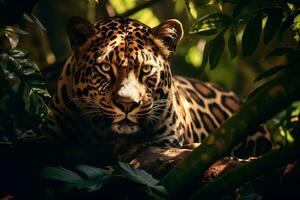 majestueux léopard repos en dessous de jungle arbre ai génératif photo