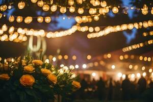 une mariage accueil avec lumières et fleurs. généré par ai photo