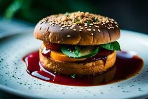 une Hamburger avec sauce sur une blanc plaque. généré par ai photo