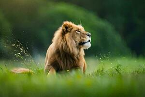 une Lion séance dans le herbe avec une vert Contexte. généré par ai photo