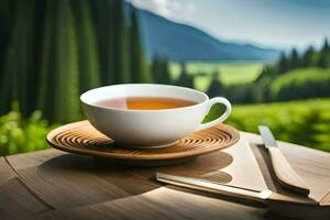 une tasse de thé sur une en bois tableau. généré par ai photo