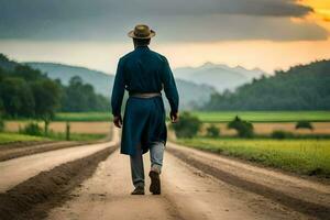 une homme dans une chapeau et bleu manteau en marchant vers le bas une saleté route. généré par ai photo