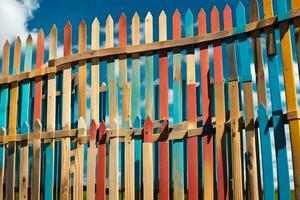 une coloré clôture fabriqué de en bois des bâtons. généré par ai photo