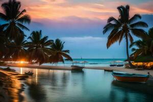 une bateau est assis sur le plage à le coucher du soleil. généré par ai photo