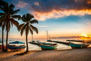 bateaux sur le plage à le coucher du soleil. généré par ai photo