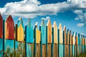 coloré en bois clôture avec bleu ciel et des nuages. généré par ai photo