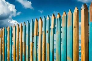 une en bois clôture avec bleu et Jaune peindre. généré par ai photo