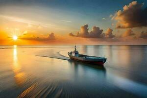 une bateau est voile sur le océan à le coucher du soleil. généré par ai photo