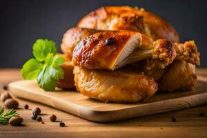 une poulet sur une en bois Coupe planche avec herbes. généré par ai photo