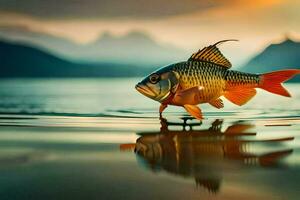 une poisson est permanent sur le l'eau avec une Montagne dans le Contexte. généré par ai photo