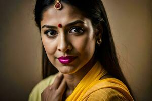 une femme avec brillant rose rouge à lèvres et Jaune sari. généré par ai photo