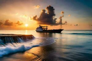 une bateau dans le océan à le coucher du soleil. généré par ai photo