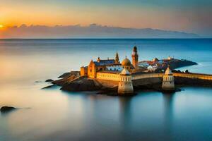 une Château est assis sur le bord de le océan à le coucher du soleil. généré par ai photo