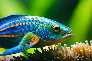 une coloré poisson avec bleu et Orange rayures. généré par ai photo