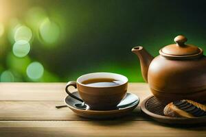 une tasse de thé et une théière sur une en bois tableau. généré par ai photo