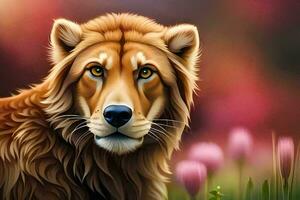 une Lion dans le sauvage, tulipes, fleurs, nature, animaux, animaux, animaux,. généré par ai photo