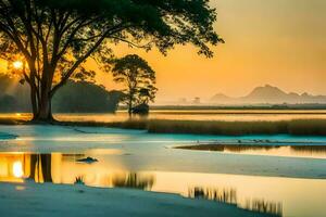 une arbre est réfléchi dans le l'eau à le coucher du soleil. généré par ai photo