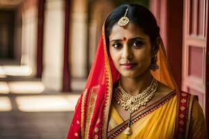 une magnifique Indien la mariée dans traditionnel tenue. généré par ai photo