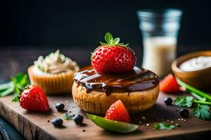 une dessert avec des fraises et Chocolat sur une en bois Coupe planche. généré par ai photo