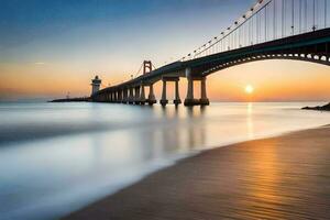 une longue exposition photographier de une pont à le coucher du soleil. généré par ai photo