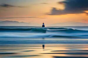 une phare des stands dans le milieu de le océan à le coucher du soleil. généré par ai photo