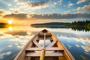 le bateau est sur le calme l'eau à le coucher du soleil. généré par ai photo