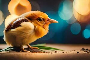 une petit oiseau avec une vert plume sur le sol. généré par ai photo