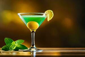une vert cocktail avec une citron et menthe. généré par ai photo