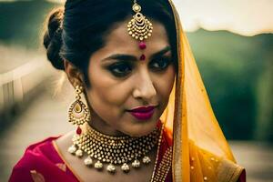 une magnifique Indien la mariée portant traditionnel bijoux. généré par ai photo