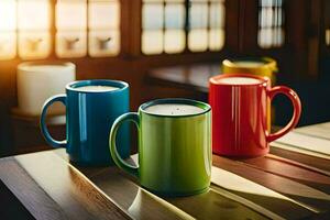 Trois coloré café des tasses séance sur une en bois tableau. généré par ai photo