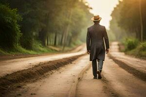 une homme dans une costume et chapeau en marchant vers le bas une saleté route. généré par ai photo