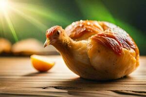 une poulet est séance sur Haut de une en bois tableau. généré par ai photo