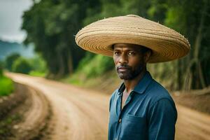 une homme portant une grand chapeau des stands sur une saleté route. généré par ai photo