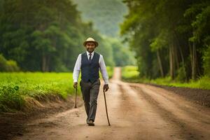 une homme dans une costume et chapeau en marchant vers le bas une saleté route. généré par ai photo