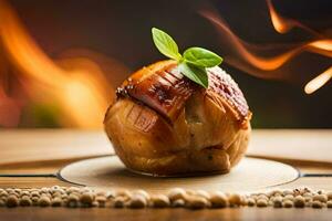 une pièce de Viande sur une assiette avec une Feu derrière il. généré par ai photo