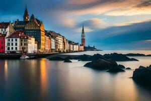 le ville de Copenhague, Danemark, à le coucher du soleil. généré par ai photo