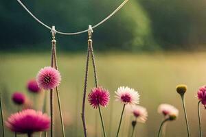 une Collier avec fleurs pendaison de il dans une champ. généré par ai photo