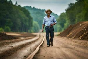 une homme dans une chapeau des promenades vers le bas une saleté route. généré par ai photo